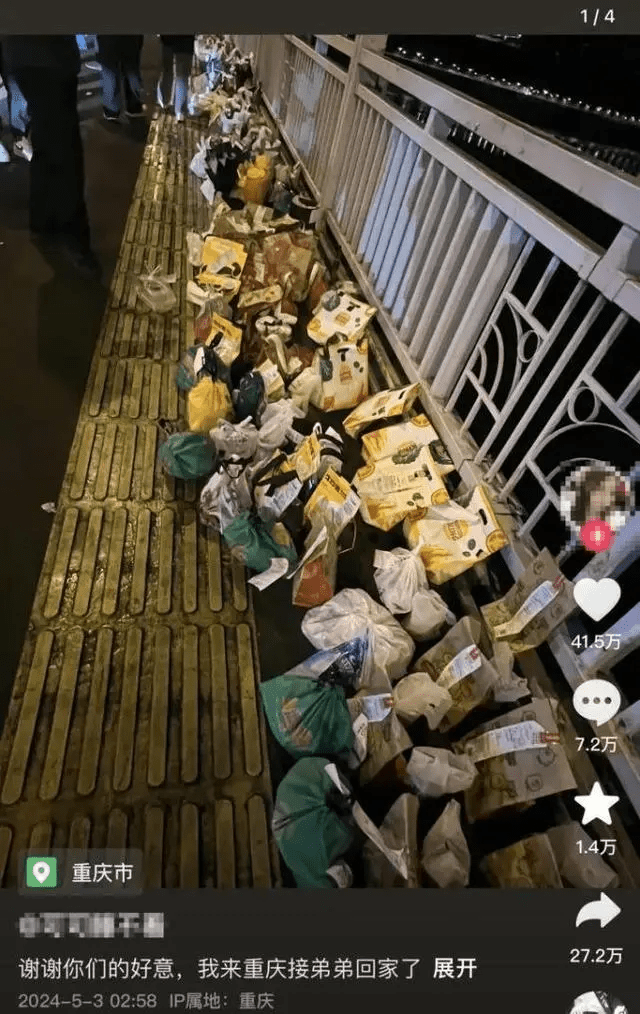 重慶長江大橋堆滿外賣及鮮花，悼念跳江網紅「胖貓」。