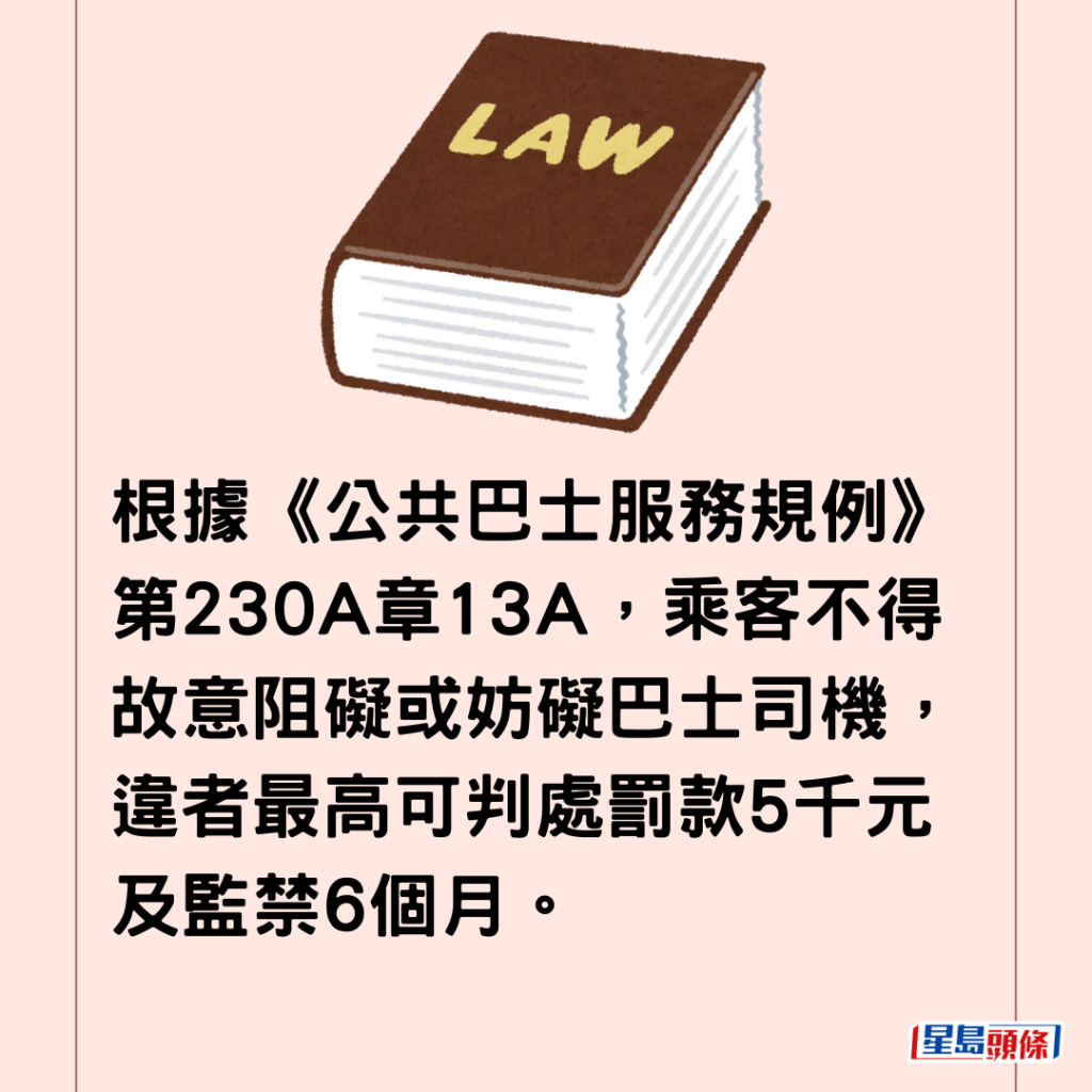  根據《公共巴士服務規例》第230A章13A，乘客不得故意阻礙或妨礙巴士司機，違者最高可判處罰款5千元及監禁6個月。