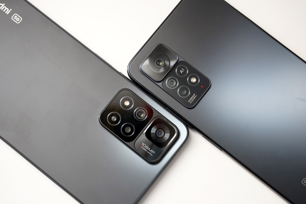 Note 11 Pro+ 5G（左）及Note 11 Pro 5G（右）均裝有108MP廣角主鏡、8MP超廣角及2MP微距，但鏡頭框設計可成為兩者外觀上的主要區別。