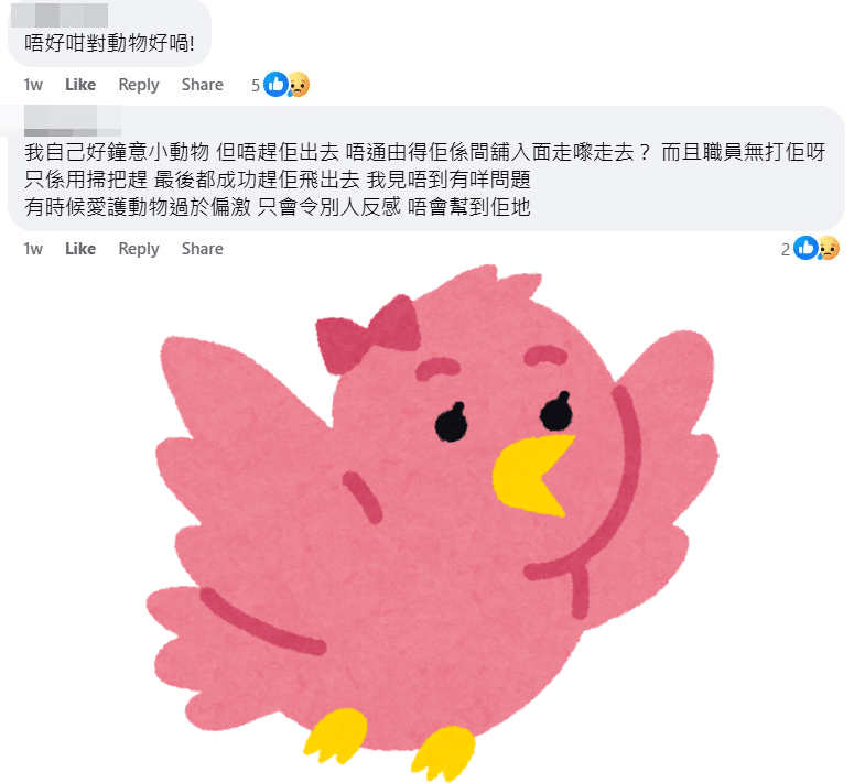 網民：我自己好鍾意小動物，但唔趕佢出去，唔通由得佢喺間鋪入面走嚟走去？ fb「香港交通及突發事故報料區」截圖