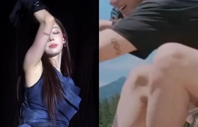 另外，之前Winter右手臂上紋有「3隻小狗」紋身，疑似與BTS成員Jungkook玩情侶紋身。