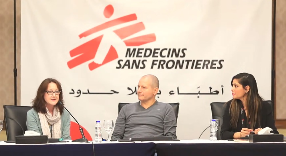 无国界医生上月举行记者会，加沙紧急项目统筹奥滕斯帕特森（左）与加沙项目医疗顾问瓦拉佩塔（中）讲述加沙逾百日战火下，前线救援人员在当地见证的惨况。©无国界医生