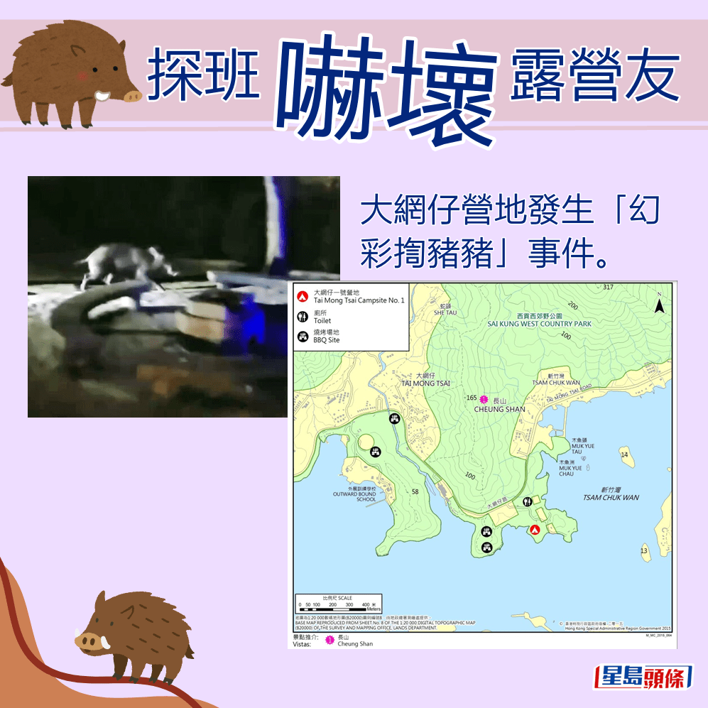 大网仔营地发生「幻彩揈猪猪」事件。fb「香港人露营分享谷」截图及渔护处图片