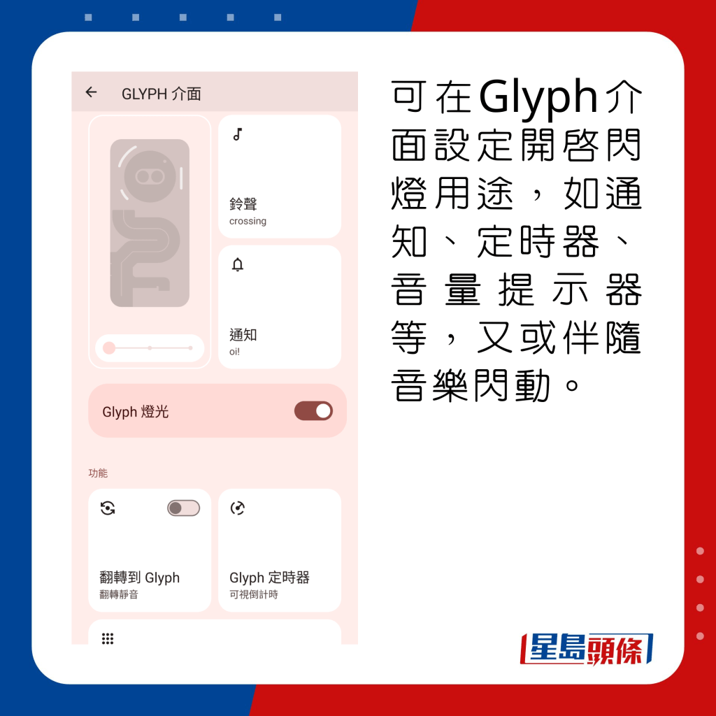 可在Glyph介面设定开启闪灯用途，如通知、定时器、音量提示器等，又或伴随音乐闪动。
