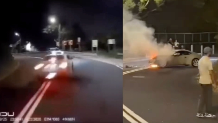 荃錦公路跑車疑失控越雙白線 撞Audi後車頭起火 Audi司機送院治理。Facebook 車cam L（香港群組）截圖