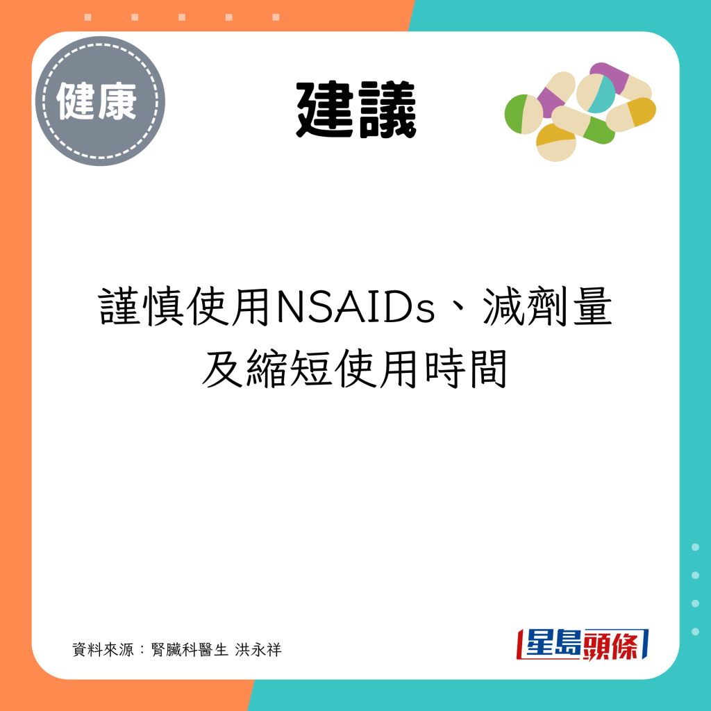 建议谨慎使用NSAIDs、减剂量及缩短使用时间