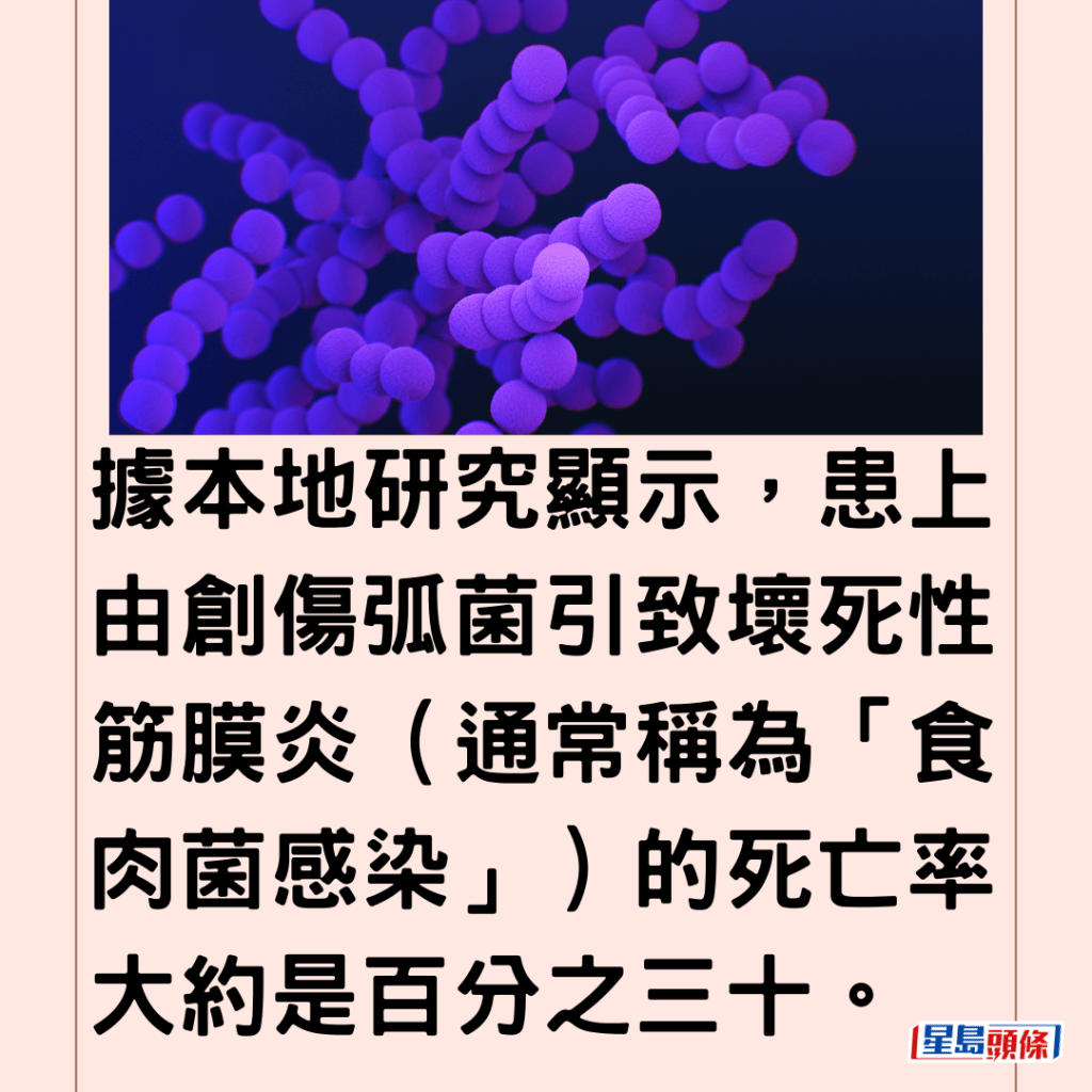  據本地研究顯示，患上由創傷弧菌引致壞死性筋膜炎（通常稱為「食肉菌感染」）的死亡率大約是百分之三十。