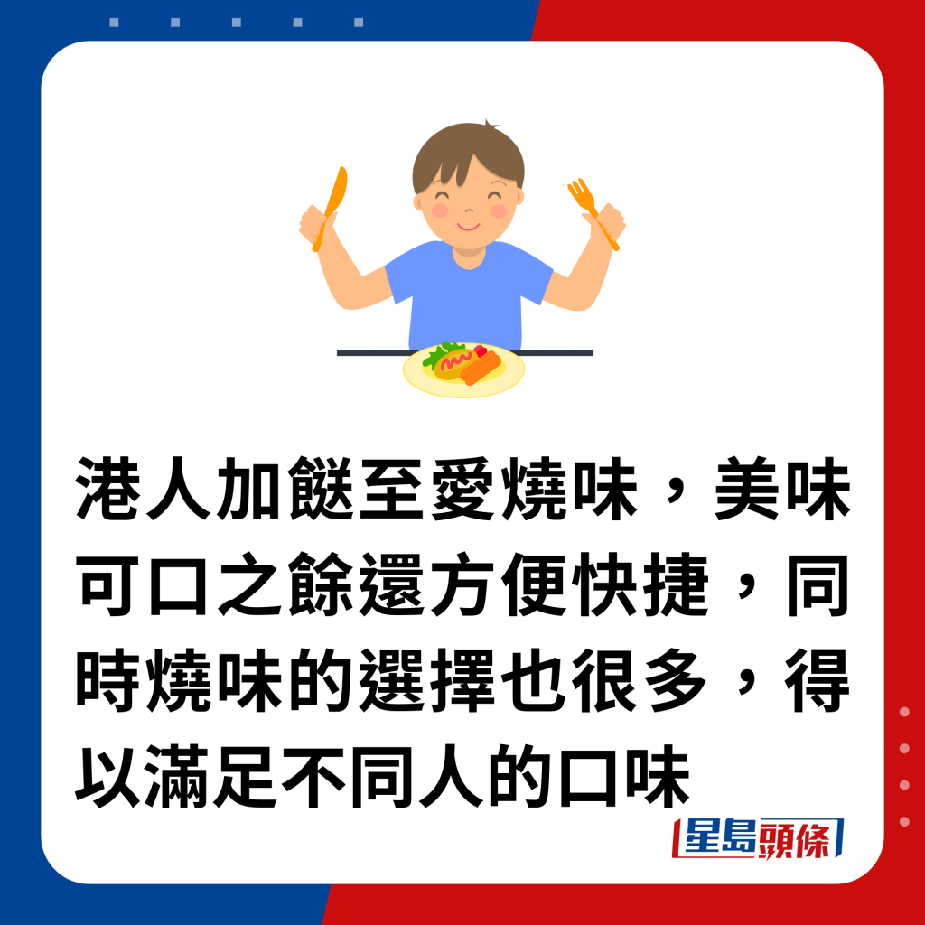 港人加餸至爱烧味，美味可口之馀还方便快捷，同时烧味的选择也很多，得以满足不同人的口味。