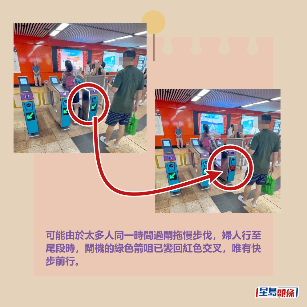可能由於太多人同一時間過閘拖慢步伐，婦人行至 尾段時，閘機的綠色箭咀已變回紅色交叉，唯有快 步前行。Threads截圖