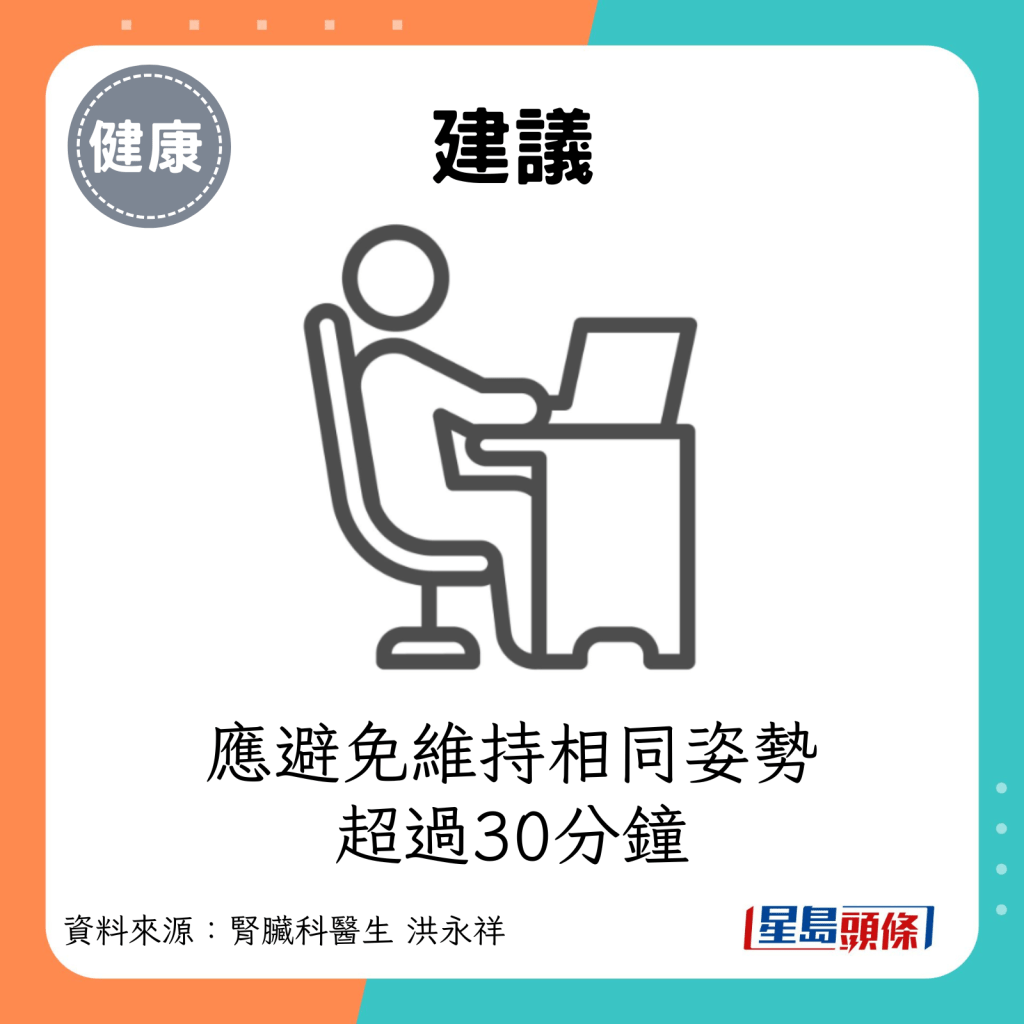 建議：應避免維持相同姿勢超過30分鐘