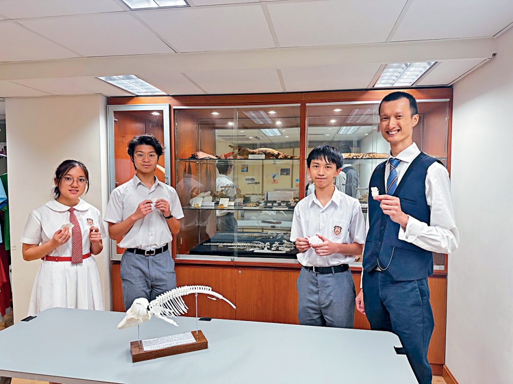 保良局羅氏基金中學為全港首間讓學生解剖海豚和複製海豚骨骼的學校,左起為參與學生楊樂晴、蘇啟睿、黃梓浩,以及副校長梁永健。