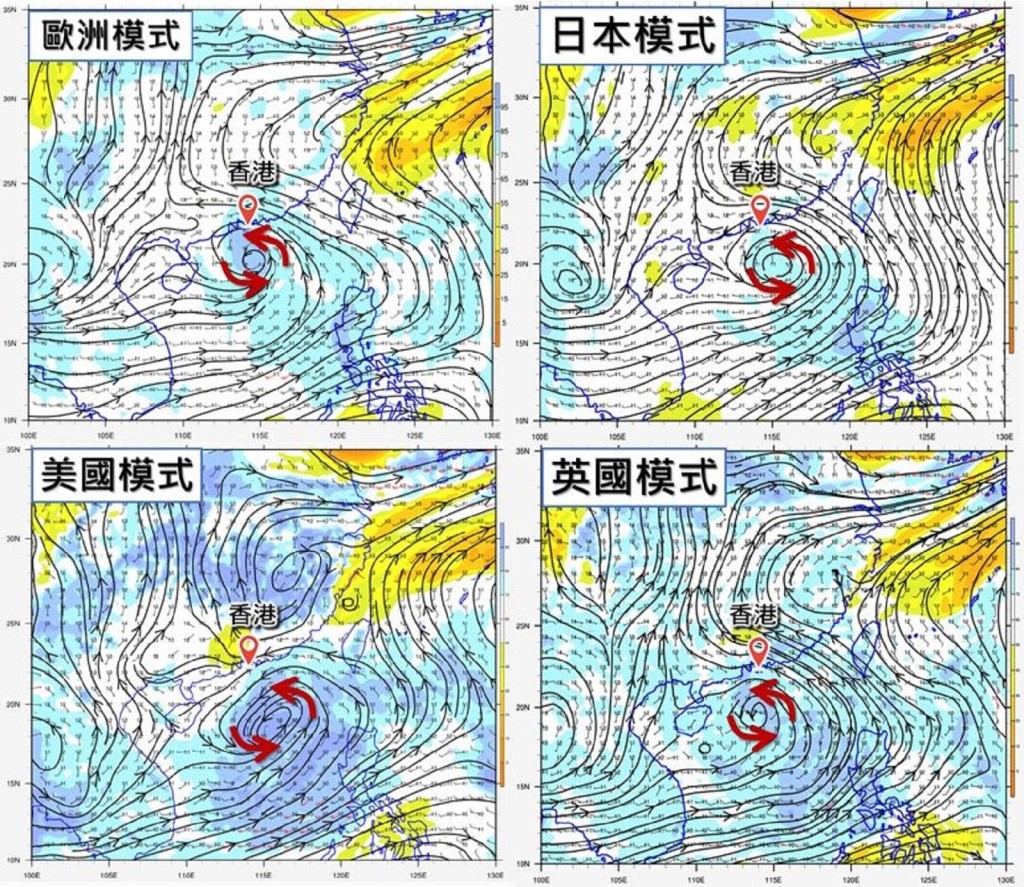 電腦模式預測與高空擾動相關的氣旋性環流會於8月16日（星期二）日間靠近廣東沿岸。天文台圖片