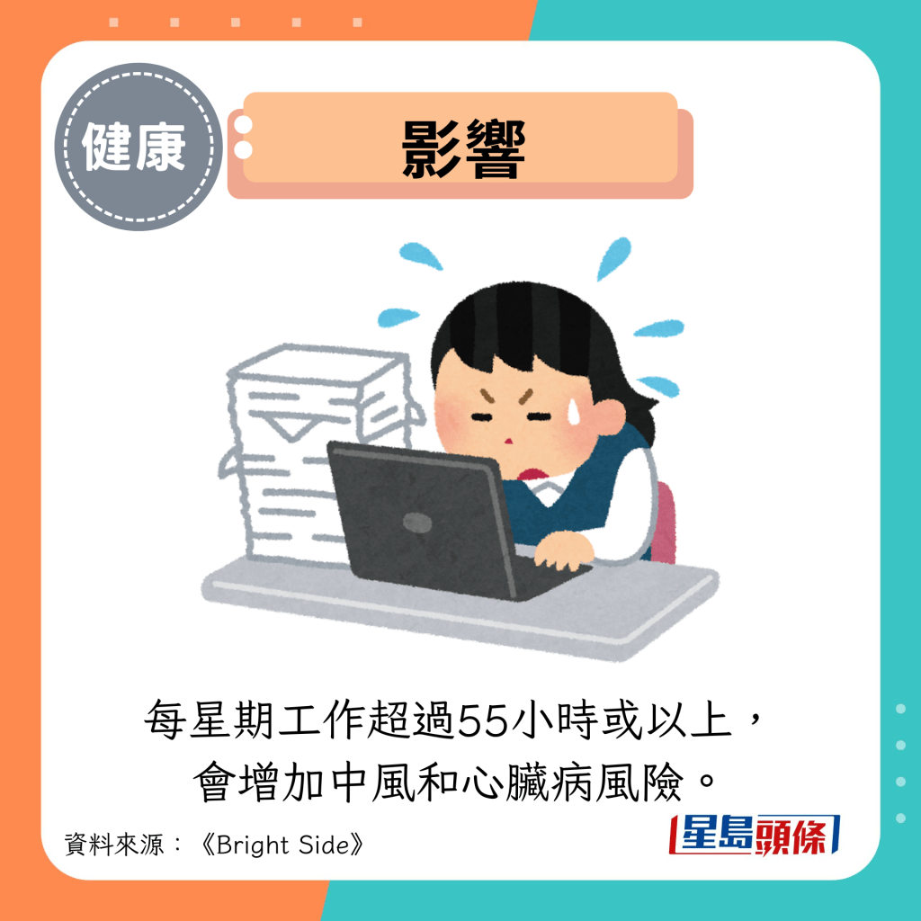 影响：每星期工作超过55小时或以上， 会增加中风和心脏病风险。