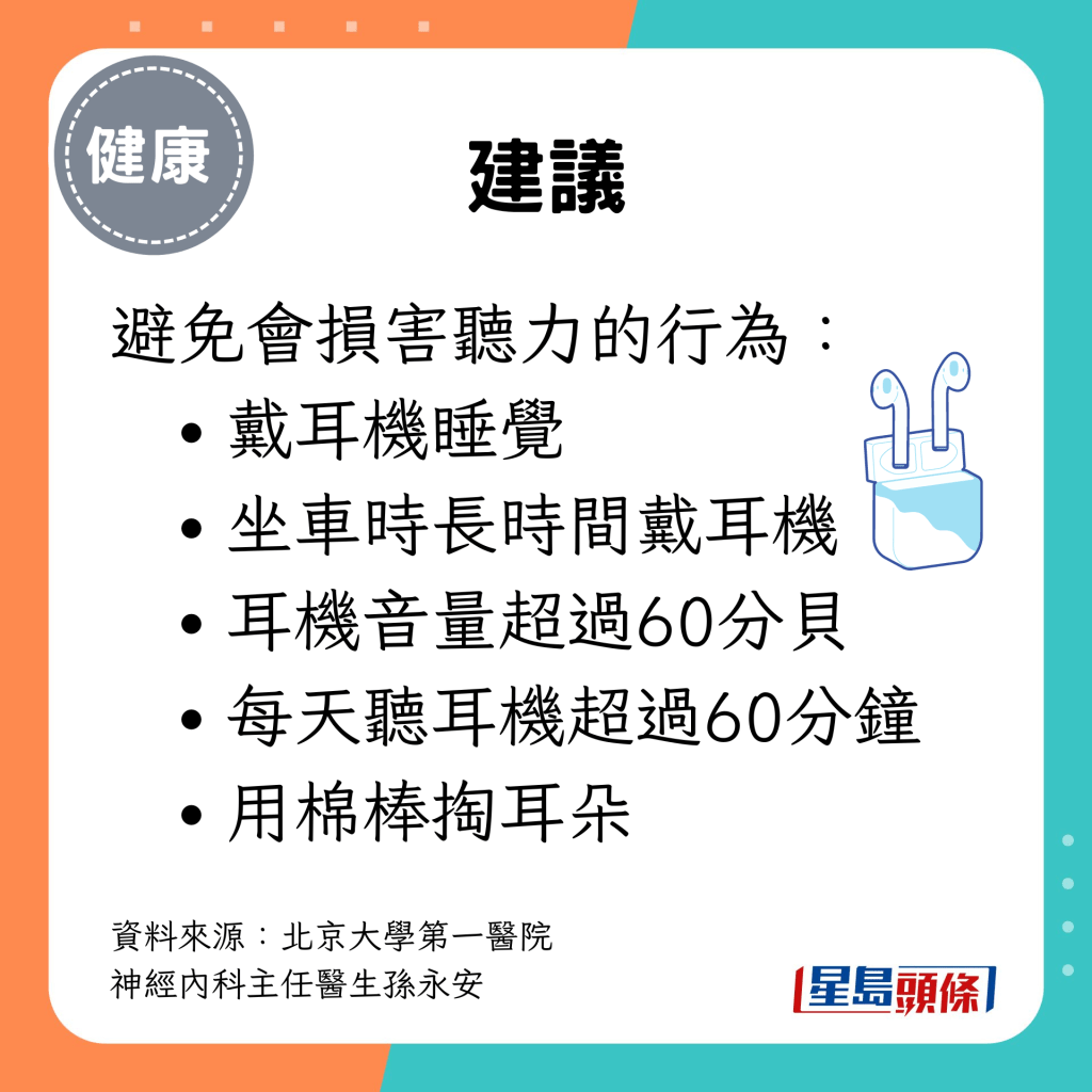 避免会损害听力的行为： 戴耳机睡觉、坐车时长时间戴耳机、耳机音量超过60分贝、每天听耳机超过60分钟、用棉棒掏耳朵