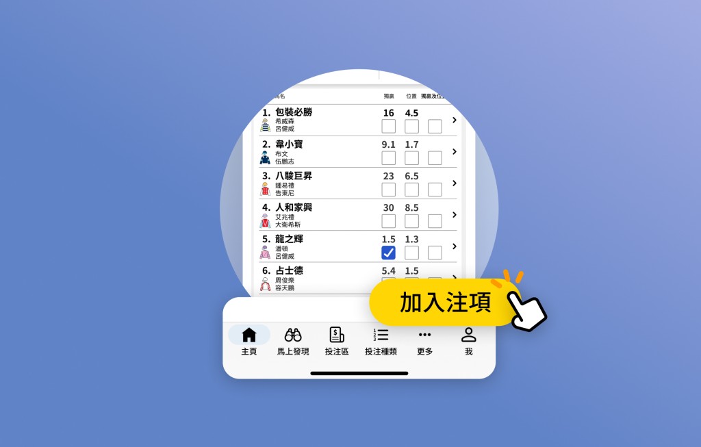 目录、「加入注项」及「传送」键移至底部，投注更顺畅
