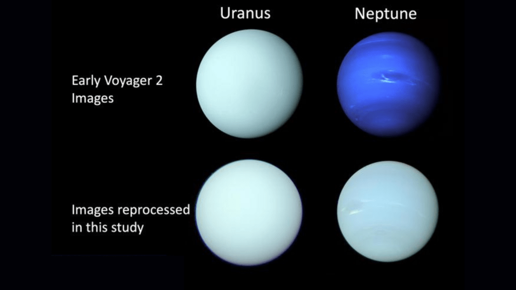 天王星（左）和海王星（右）早期影像（上）与最新呈现的真实颜色比较。 牛津大学