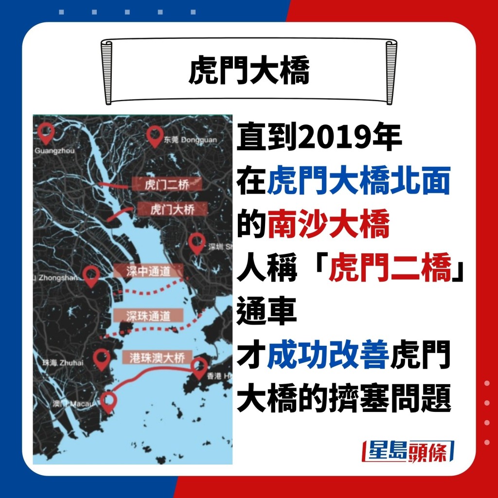 直到2019年 在虎門大橋北面的南沙大橋 人稱「虎門二橋」通車 才成功改善虎門大橋的擠塞問題