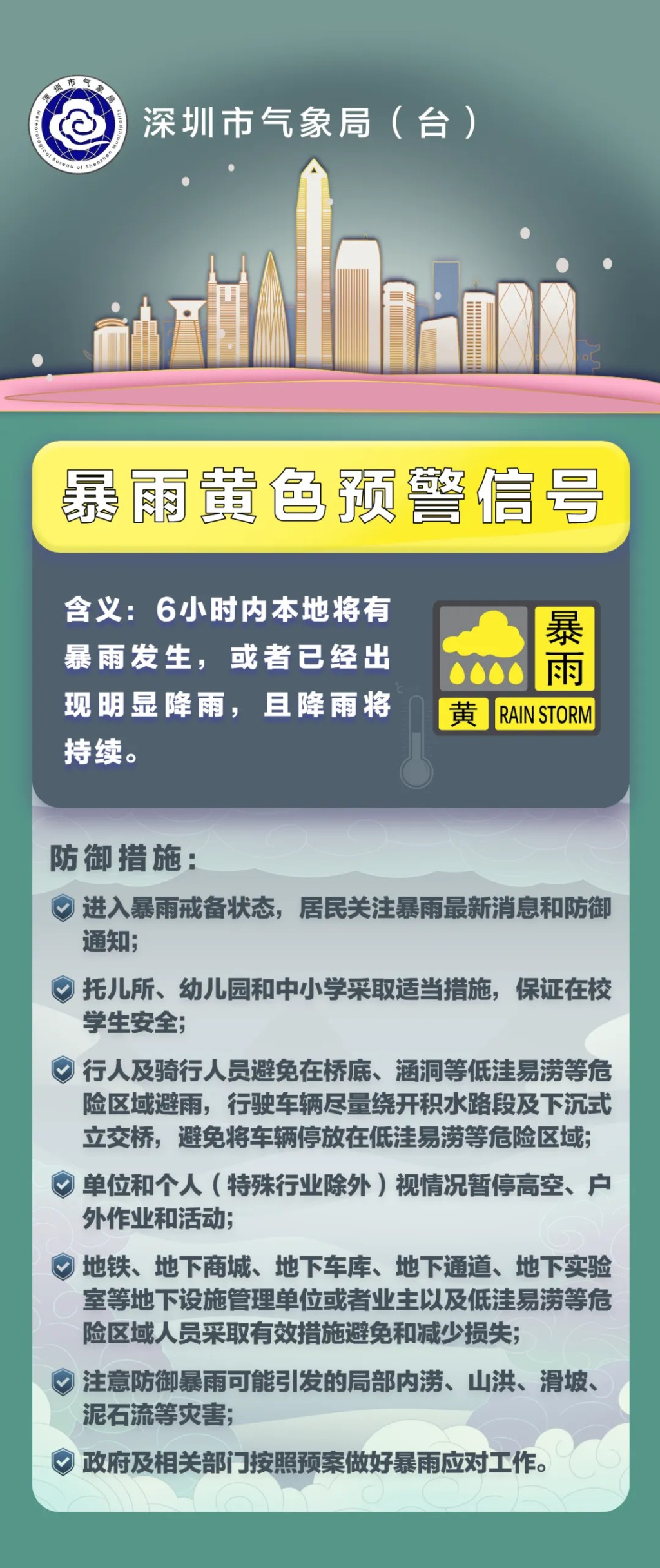 深圳多区暴雨黄色预警生效。
