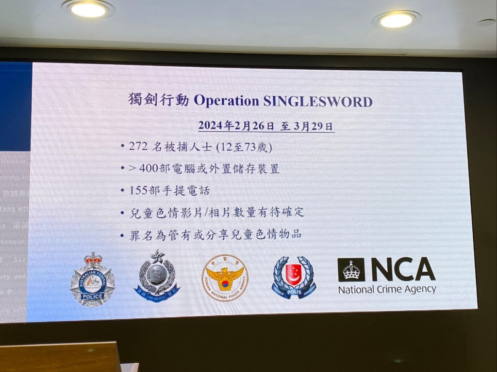 香港警方與新加坡、韓國、英國及澳洲執法部門合作，今年年初展開代號「獨劍行動」，打擊兒童色情物品。