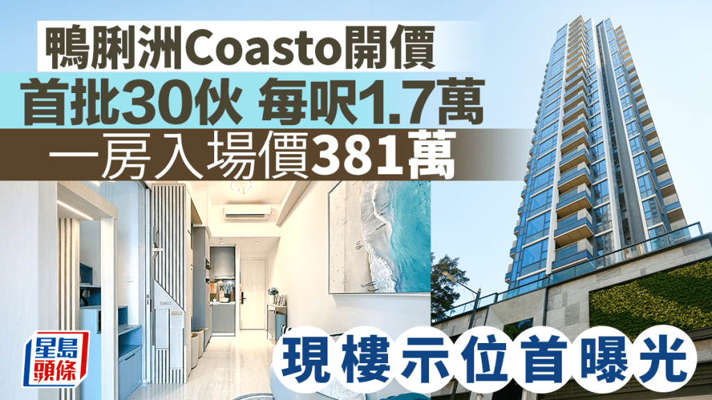 鴨脷洲Coasto首批30伙 一房381萬入場 每呎1.7萬 港島區11年呎價新低 現樓示位首曝光