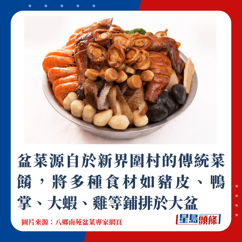 盆菜源自于新界围村的传统菜肴，将多种食材如猪皮、鸭掌、大虾、鸡等铺排于大盆