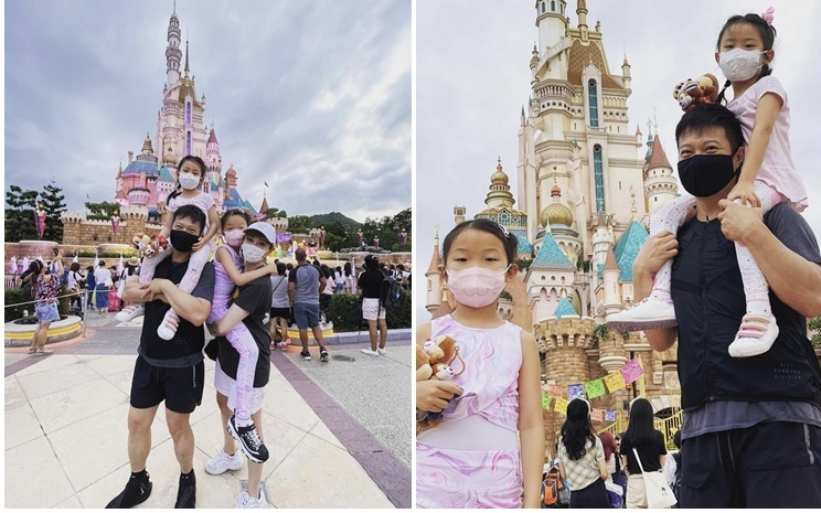 錢家樂與湯盈盈帶住兩個女去迪士尼。