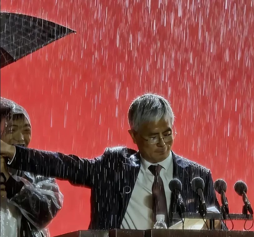 李術才致辭時遇上大雨，但兩度拒絕學生為他撐傘擋雨。抖音