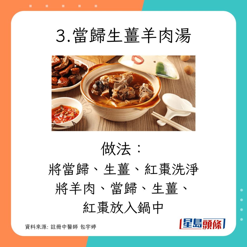 將當歸、生薑、紅棗洗淨；將羊肉、當歸、生薑、紅棗放入鍋中