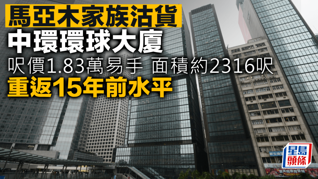 馬亞木家族沽貨 中環環球大廈呎價1.83萬易手 面積約2316呎 重返15年前水平