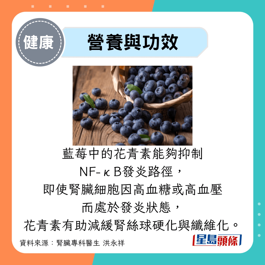营养与功效：蓝莓中的花青素能够抑制 NF-κB发炎路径， 即使肾脏细胞因高血糖或高血压 而处于发炎状态， 花青素有助减缓肾丝球硬化与纤维化。