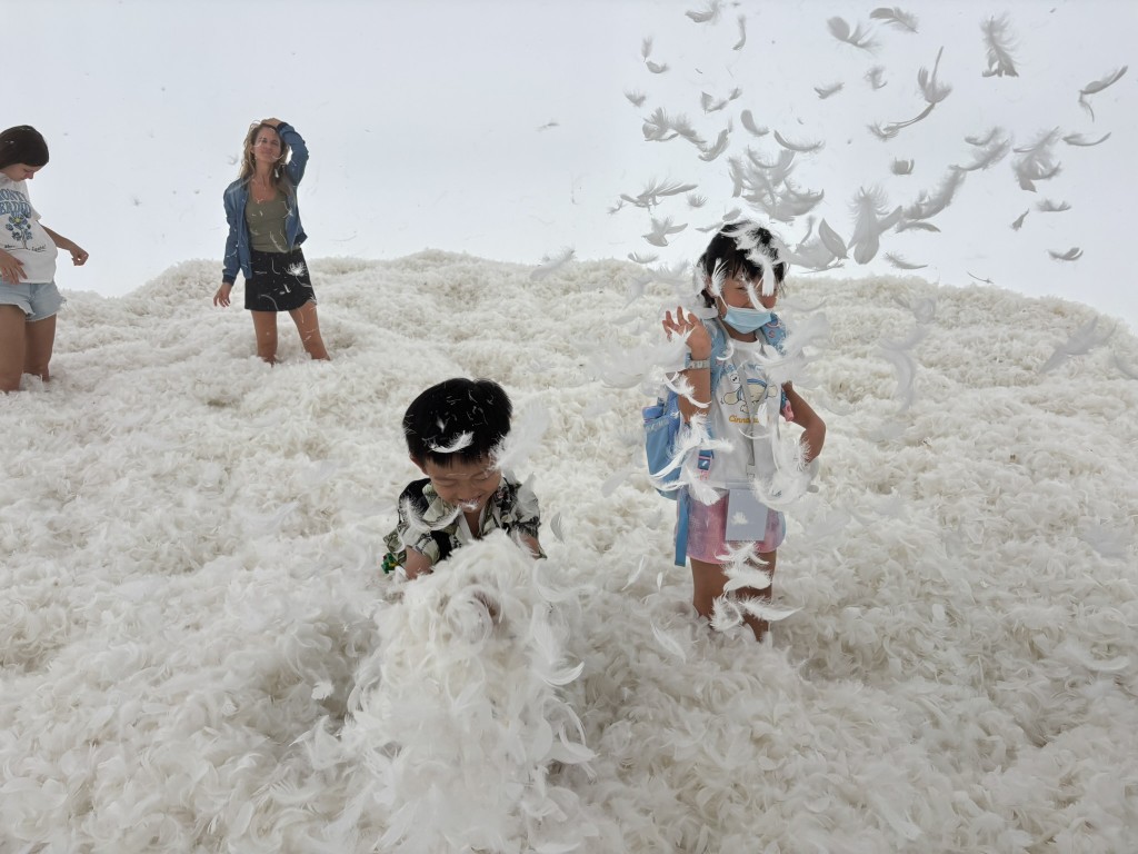 最有趣的羽毛房鋪滿真正的羽毛，視覺效 果震撼，觀眾被羽毛包圍，成為作品一部分。（圖片來源：《親子王》）