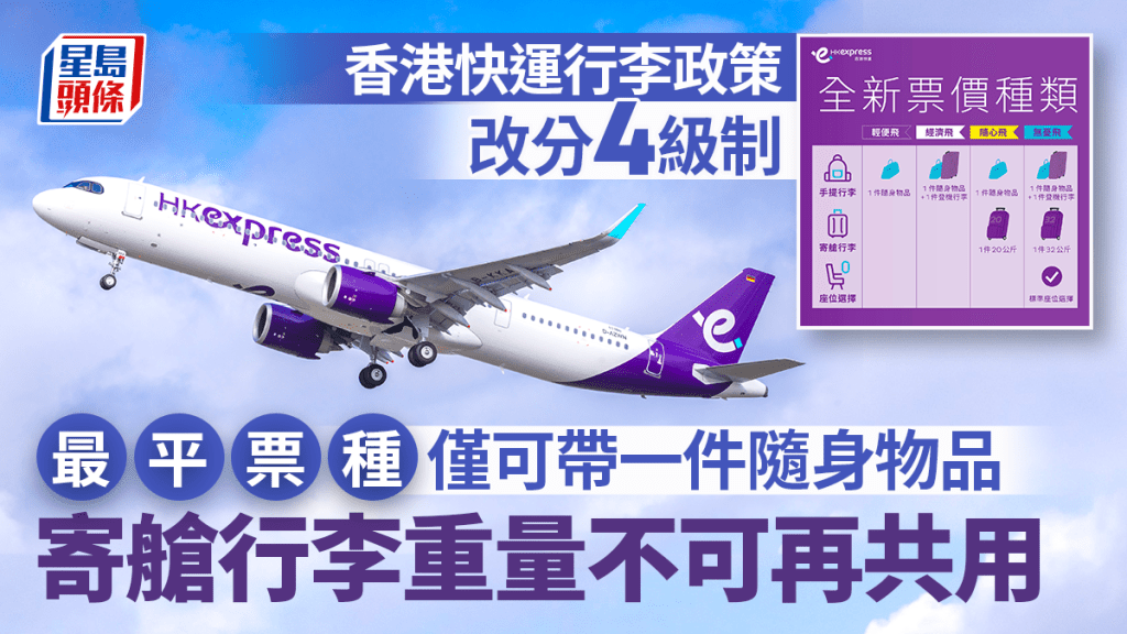 HKexpress香港快運｜行李政策改分4級 最平票種僅可帶一件隨身物品上機  