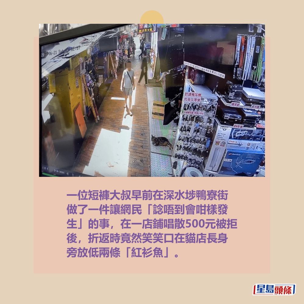 一位短褲大叔早前在深水埗鴨寮街 做了一件讓網民「諗唔到會咁樣發 生」的事,在一店鋪唱散500元被拒 後,折返時竟然笑笑口在貓店長身 旁放低兩條「紅衫魚」。Threads截圖 一位短褲大叔早前在深水埗鴨寮街 做了一件讓網民「諗唔到會咁樣發 生」的事,在一店鋪唱散500元被拒 後,折返時竟然笑笑口在貓店長身 旁放低兩條「紅衫魚」。Threads截圖