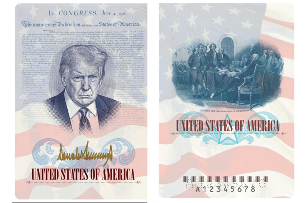 限量版護照印有現任總統特朗普的肖像與親筆簽名。美聯社