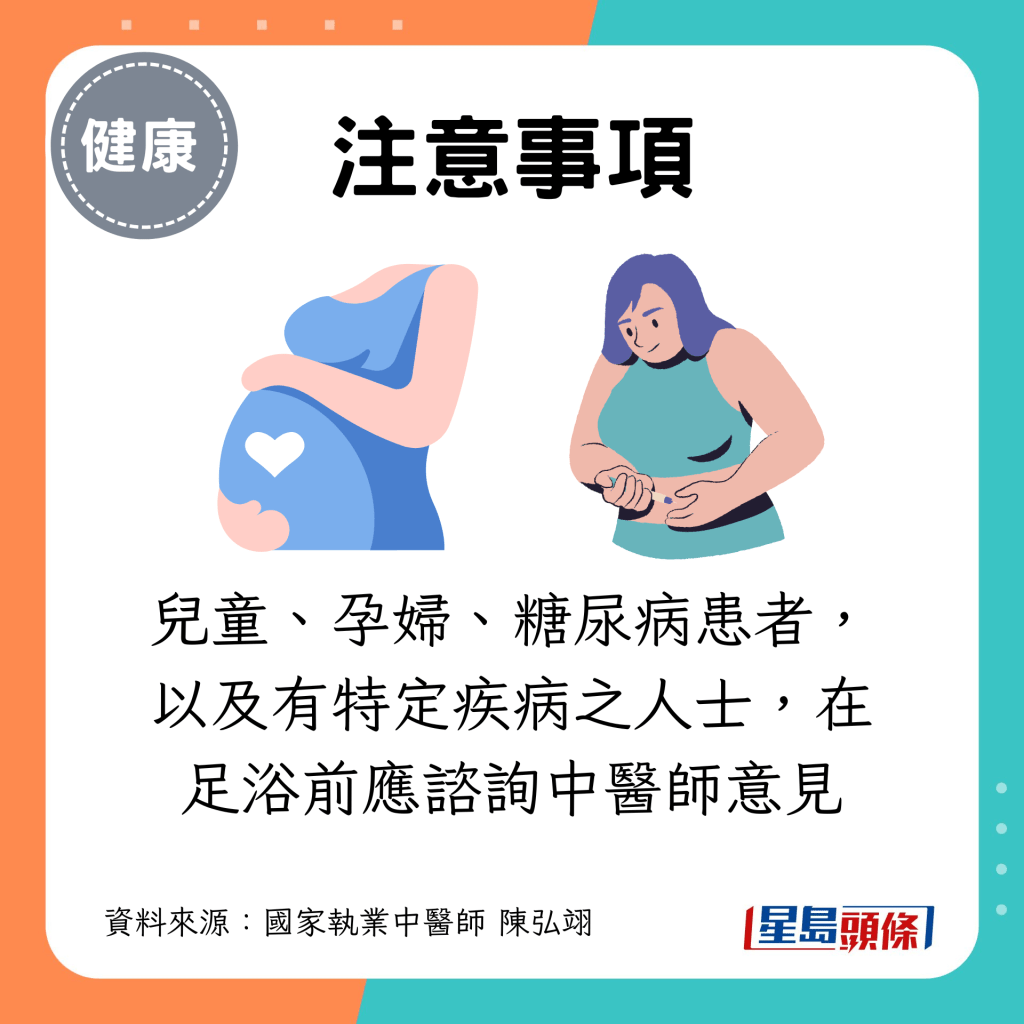 儿童、孕妇、糖尿病患者，以及有特定疾病之人士，在足浴前应谘询中医师意见