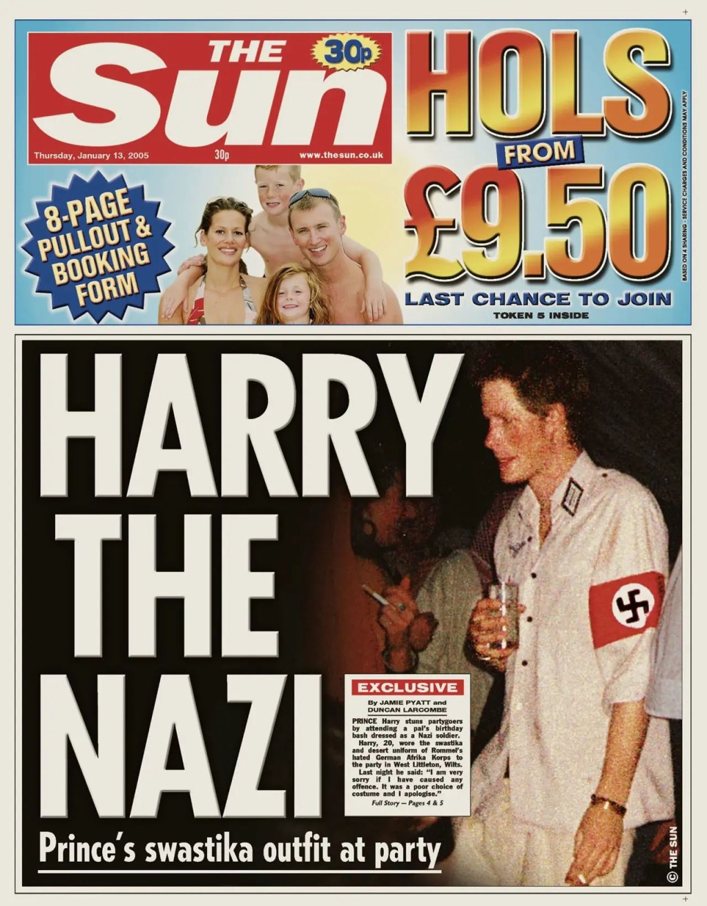 2005年《太阳报》在头版刊出哈里穿着纳粹服的照片，顿时掀起国际哗然。