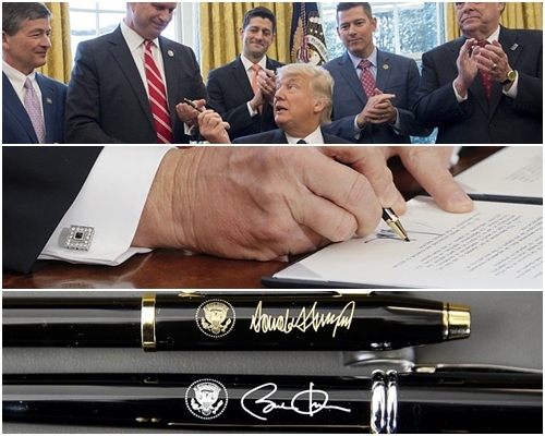 圖下，奧巴馬的高仕筆鍍鉻，特朗普換成鍍金。
