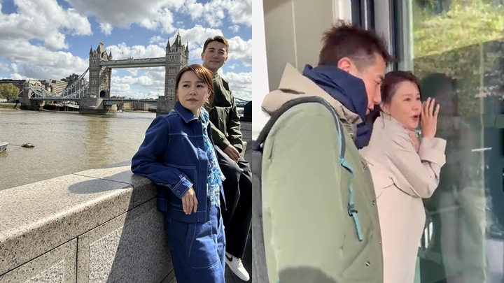 洪永城孖翠如相隔13年重遊倫敦塔橋 不敵強風 「縮埋一舊」自嘲似企鵝 被笑身體潺弱即反譏對方係「阿婆」。