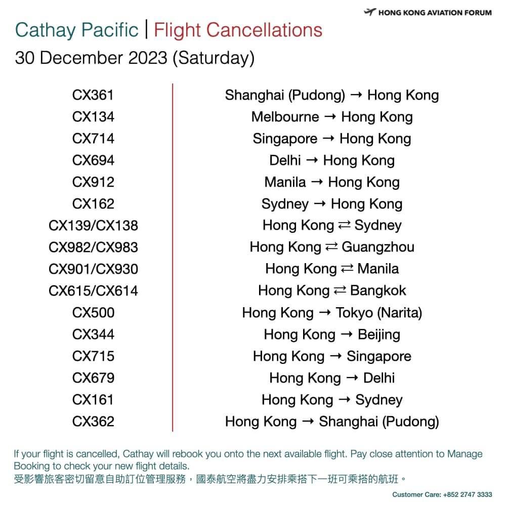 取消的国泰航班涉及不少港人热门旅游地点，包括曼谷、台北、首尔、东京、北京等。在除夕及明年1月1日亦已有多班航班宣布取消。（相片来源：Hong Kong Aviation Forum社交平台专页）