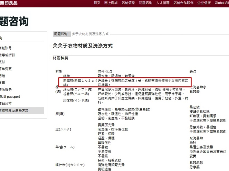 MUJI中國官網上，亦列有新疆棉的材質與洗滌方式介紹。網圖