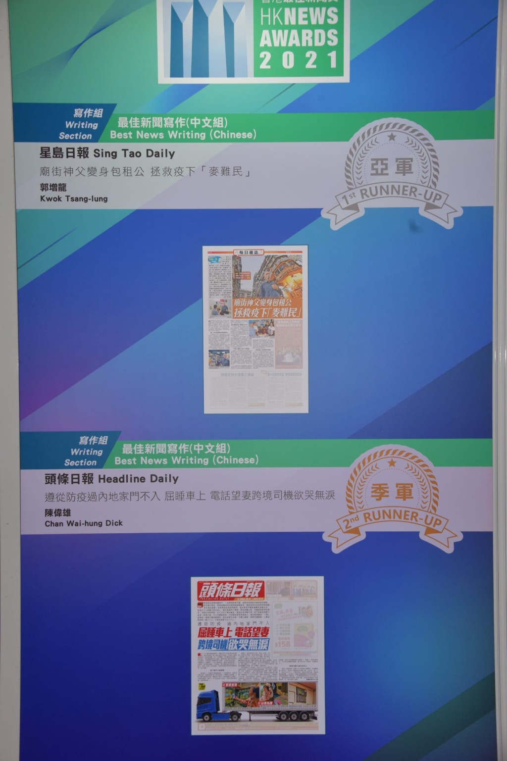 《星岛日报》凭 《庙街神父变身包租公 拯救疫下「麦难民」》夺最佳新闻写作(中文组)亚军。