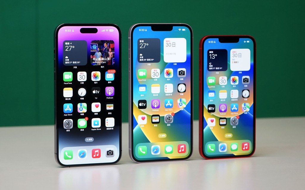 iPhone 14 Plus（中）沿用iPhone 14（右）設計，卻有着跟iPhone 14 Pro Max（左）一樣大的6.7吋熒幕。