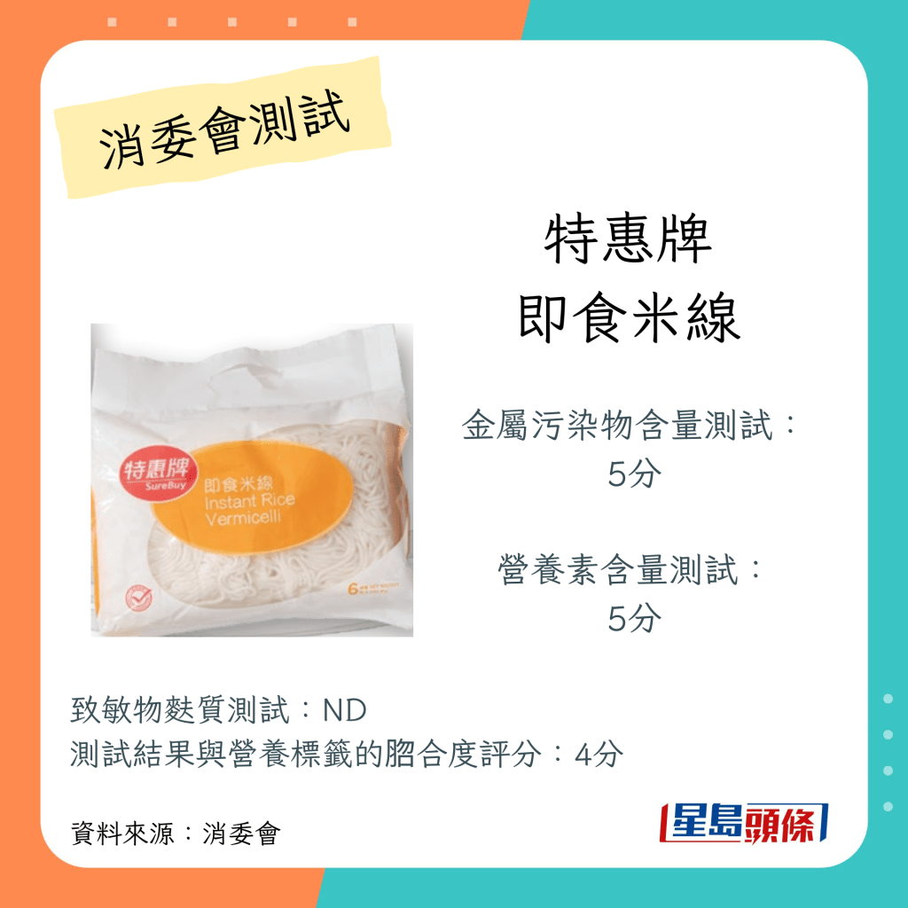 消委消委會米粉測試｜特惠牌即食米線不含金屬污染物鎘、鉻、無機砷、總汞、銻和鉛