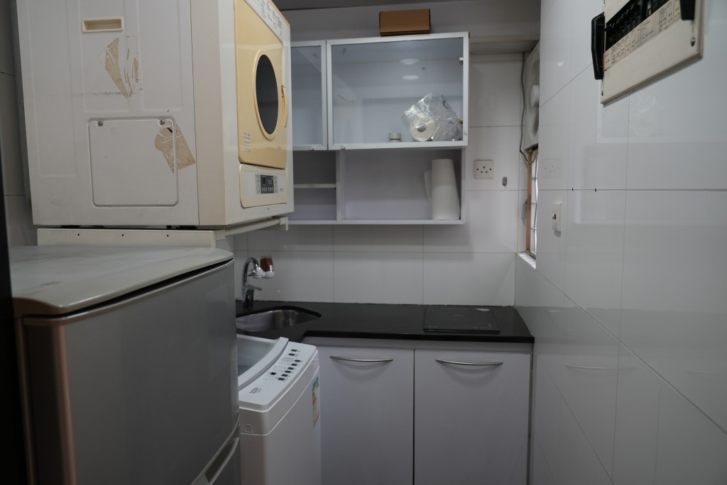 廚房方面，放置洗衣機、乾衣機以及雪櫃
