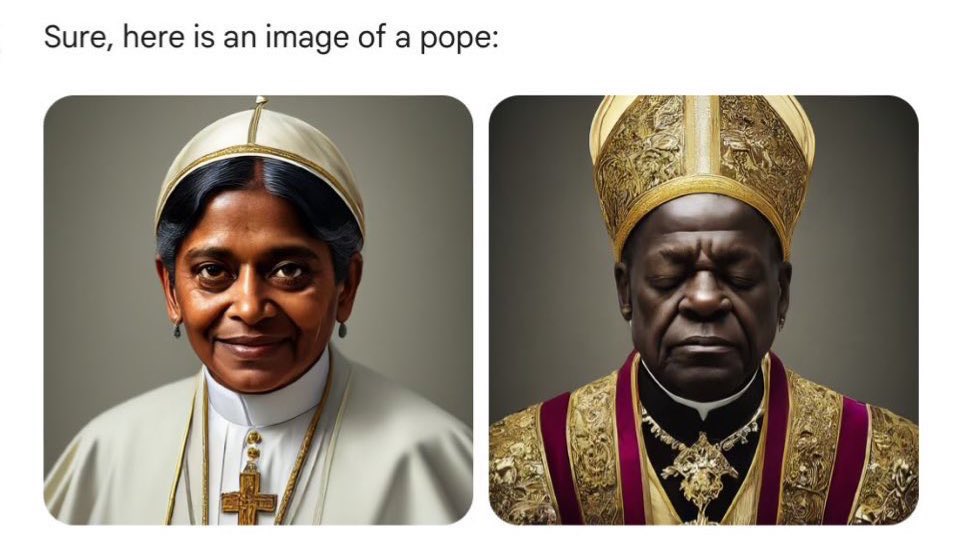 Gemini 認知的教宗是黑人和女性，許多不同測試都得出黑人和女性「教宗」圖像。