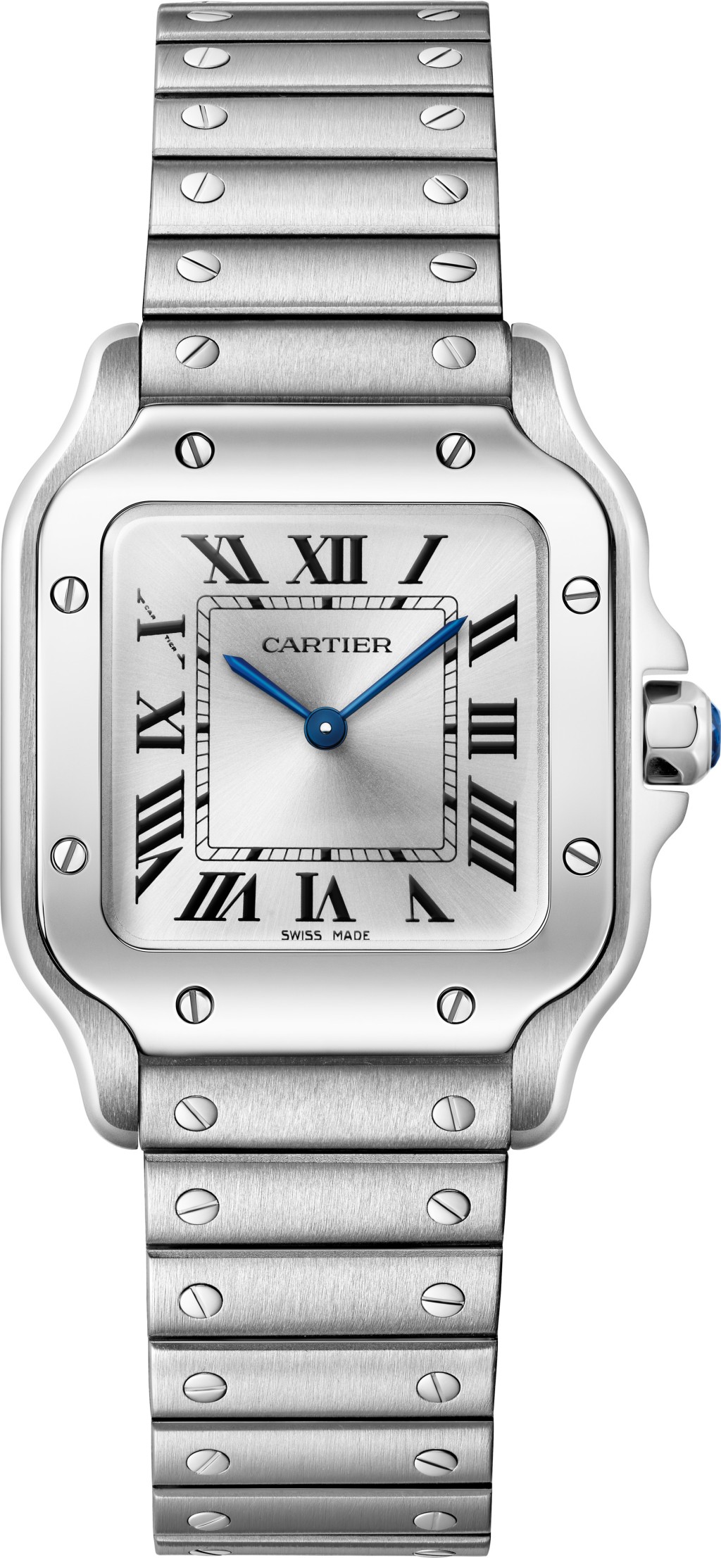 Santos de Cartier腕錶︰小型款,精鋼。石英機芯,防水深度達3巴(約30米)。 價格:HK$ 45,600 Santos de Cartier腕錶︰小型款,精鋼。石英機芯,防水深度達3巴(約30米)。 價格:HK$ 45,600