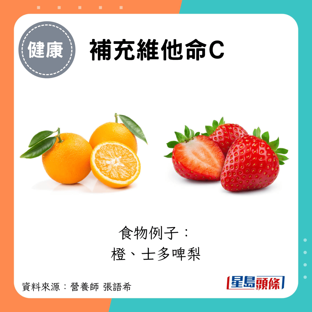 补充维他命C：食物例子： 橙、士多啤梨