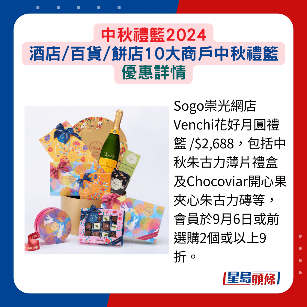 Sogo崇光网店Venchi花好月圆礼篮 /$2,688，包括中秋朱古力薄片礼盒及Chocoviar开心果夹心朱古力砖等，会员于9月6日或前选购2个或以上9折。