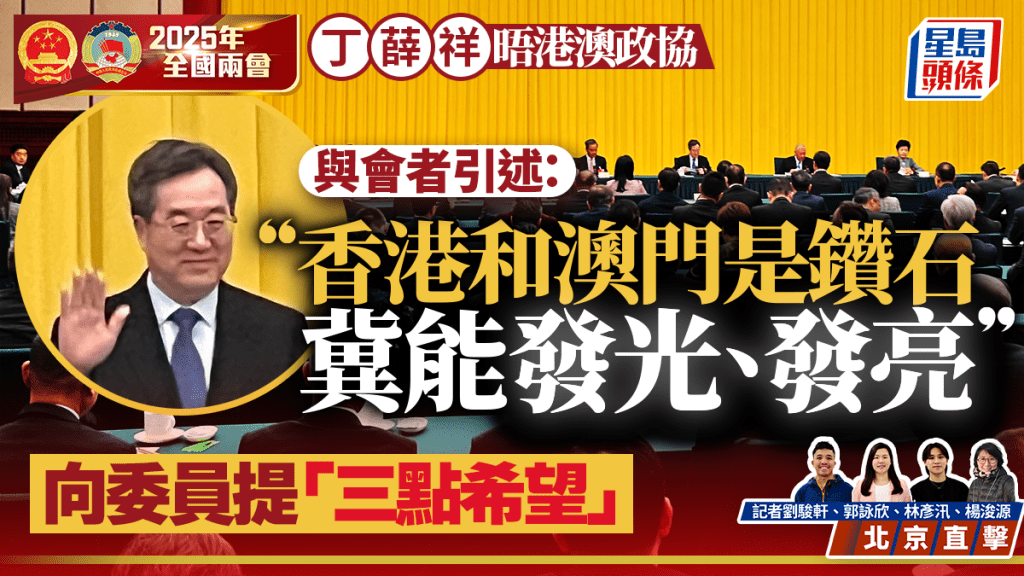 兩會2025︱丁薛祥晤港區政協 形容港澳是鑽石「發光發亮」 提三點希望