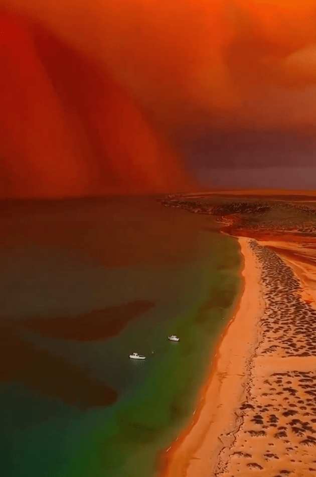 这幅宛如科幻电影末日场景的画面，最早由澳洲鲨鱼湾露营车公园（Shark Bay Caravan Park）分享，随即引发网民热议。X@Rachel985456360